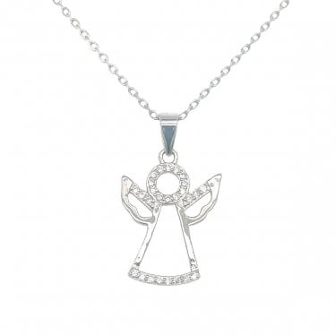 Sterling Silver CZ Open Angel Necklace 14x21mm, 16-18" 