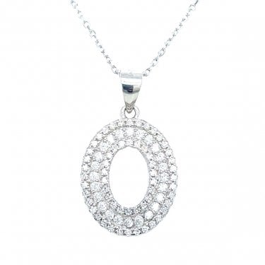 Sterling Silver CZ Open Centre Triple CZ Halo Necklace 17x14mm, 16-18"