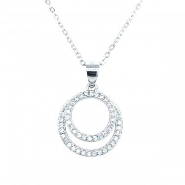 Sterling Silver CZ Open Double Bottom Circle Necklace 15x15mm, 16-18"