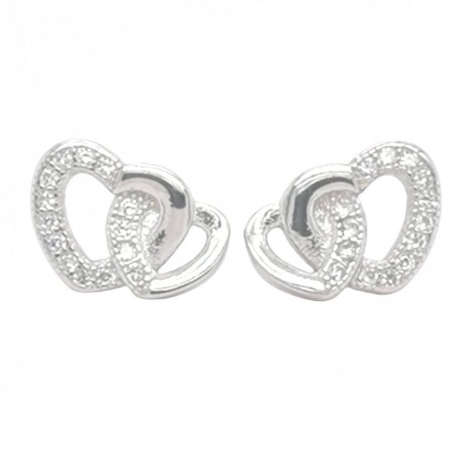Faith Sterling Silver Sterling Silver CZ Open Heart Entwined with Half CZ, Half Plain Heart 10x7mm Stud Earrings