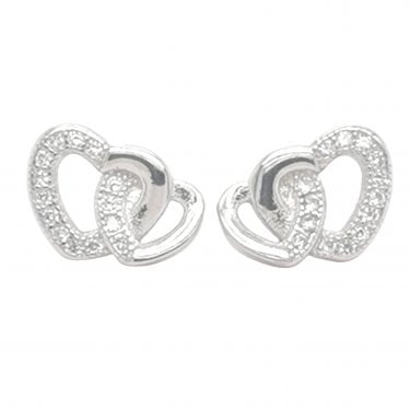 Sterling Silver CZ Open Heart Entwined with Half CZ, Half Plain Heart 10x7mm Stud Earrings