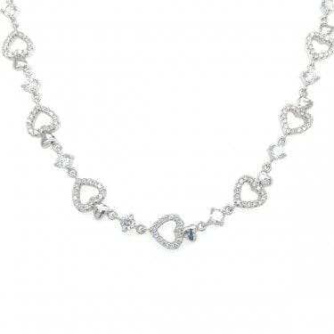 Sterling Silver CZ Open Heart Link Necklace 38.5+5.5cm