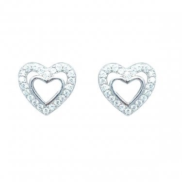 Sterling Silver CZ Open Heart Stud Earrings 10x9mm 