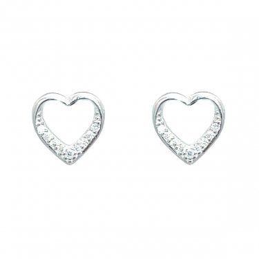 Sterling Silver CZ Open Heart Stud Earrings 9x9mm