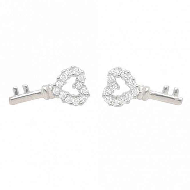 Faith Sterling Silver Sterling Silver CZ Open Heart Top & Plain Bottom Key 6x12mm Stud Earrings