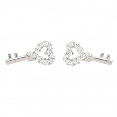 Sterling Silver CZ Open Heart Top & Plain Bottom Key 6x12mm Stud Earrings