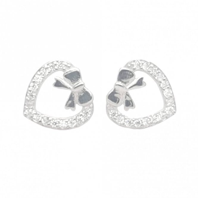 Faith Sterling Silver Sterling Silver CZ Open Heart with CZ Bow at Point 8x8mm Stud Earrings