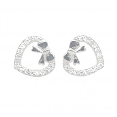 Sterling Silver CZ Open Heart with CZ Bow at Point 8x8mm Stud Earrings