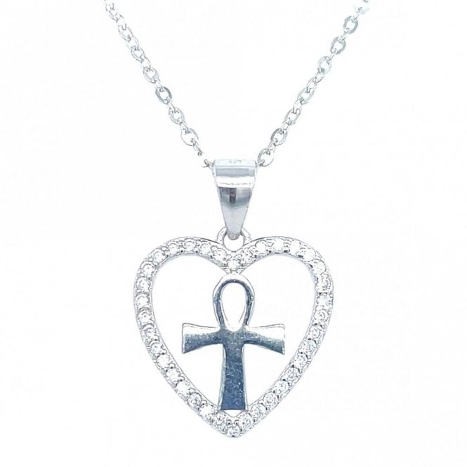 Faith Sterling Silver Sterling Silver CZ Open Heart with Plain Loop Top Cross Necklace 15mm, 16-18