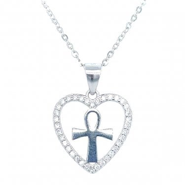 Sterling Silver CZ Open Heart with Plain Loop Top Cross Necklace 15mm, 16-18"