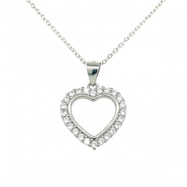 Sterling Silver CZ Open Heart with Stone Set Surround Necklace 16x15mm, 16-18" 