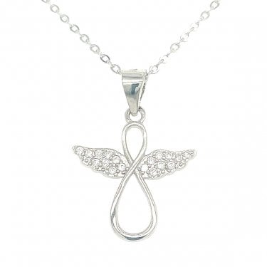 Sterling Silver CZ Open Infinity Angel Necklace 15x16mm, 16-18"