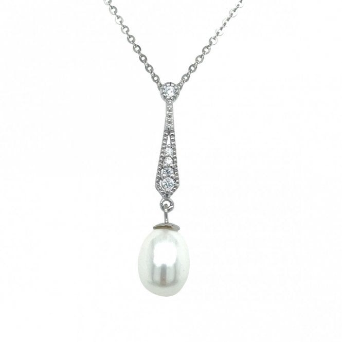 Faith Sterling Silver Sterling Silver CZ Ornate Drop with Pearl Necklace 32x8mm, 16-18