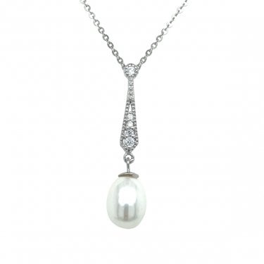 Sterling Silver CZ Ornate Drop with Pearl Necklace 32x8mm, 16-18"