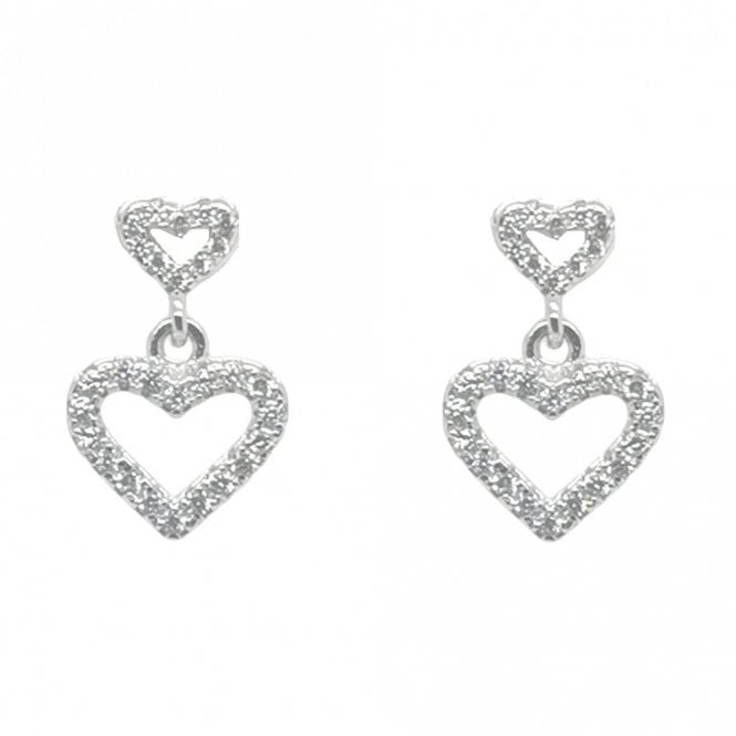 Faith Sterling Silver Sterling Silver CZ Outline Small Heart with Larger CZ Heart Drop 10x8mm Earrings