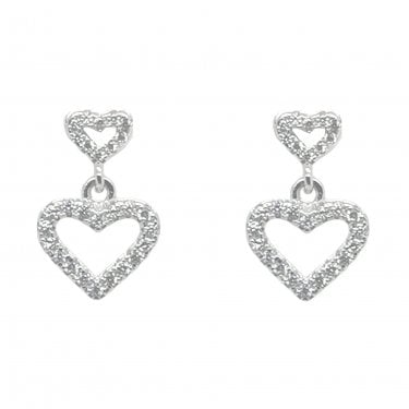Sterling Silver CZ Outline Small Heart with Larger CZ Heart Drop 10x8mm Earrings