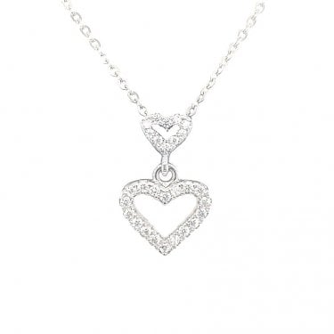 Sterling Silver CZ Outline Small Heart with Larger CZ Heart Necklace 15x10mm, 16-18"