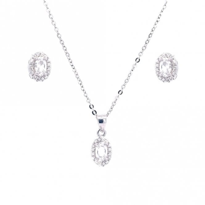 Faith Sterling Silver Sterling Silver CZ Oval Centre Halo Necklace & Earrings Set 6x8mm, 16-18