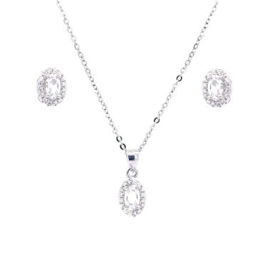 Sterling Silver CZ Oval Centre Halo Necklace & Earrings Set 6x8mm, 16-18"