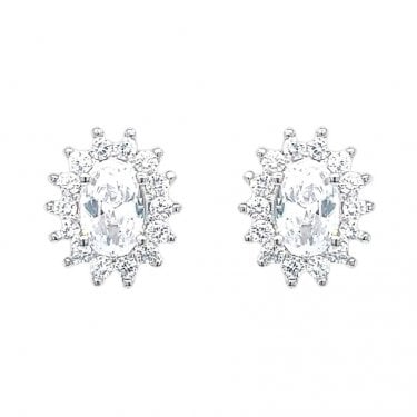 Sterling Silver CZ Oval Centre with Flower Halo Stud Earrings 10x7mm