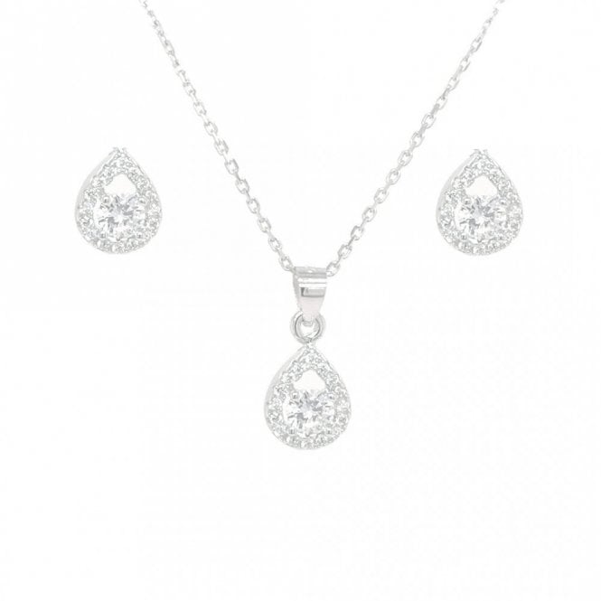 Faith Sterling Silver Sterling Silver CZ Oval Centre with Pear Floating Halo Pendant & Stud Earrings 6x9mm