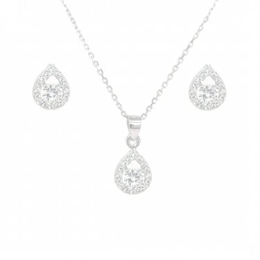 Sterling Silver CZ Oval Centre with Pear Floating Halo Pendant & Stud Earrings 6x9mm