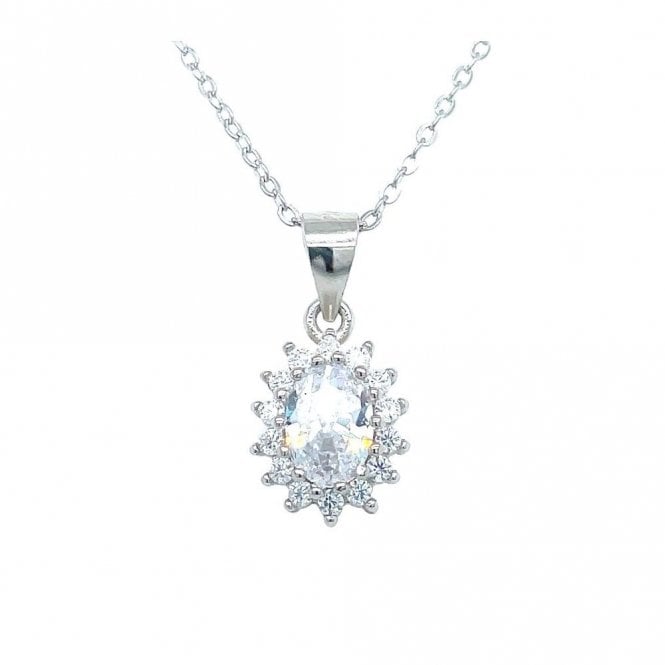 Faith Sterling Silver Sterling Silver CZ Oval Claw Set Halo Necklace 11x9mm, 16-18