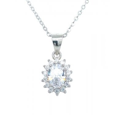 Sterling Silver CZ Oval Claw Set Halo Necklace 11x9mm, 16-18"