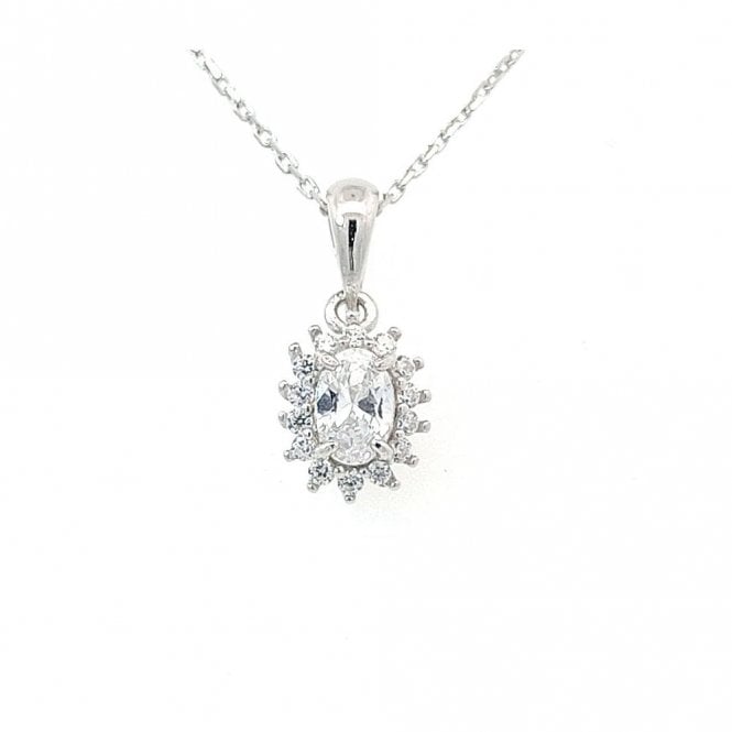 Faith Sterling Silver Sterling Silver CZ Oval Claw Set Halo Necklace 8x9mm, 16-18
