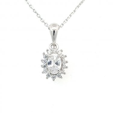 Sterling Silver CZ Oval Claw Set Halo Necklace 8x9mm, 16-18"
