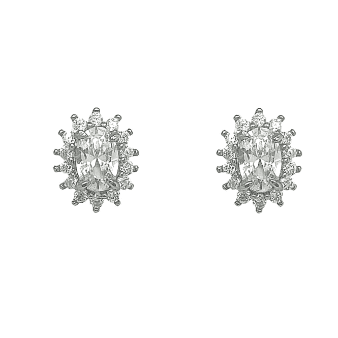 Faith Sterling Silver Sterling Silver CZ Oval Claw Set Halo Stud Earrings 7x10mm