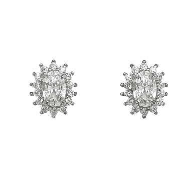 Sterling Silver CZ Oval Claw Set Halo Stud Earrings 7x10mm