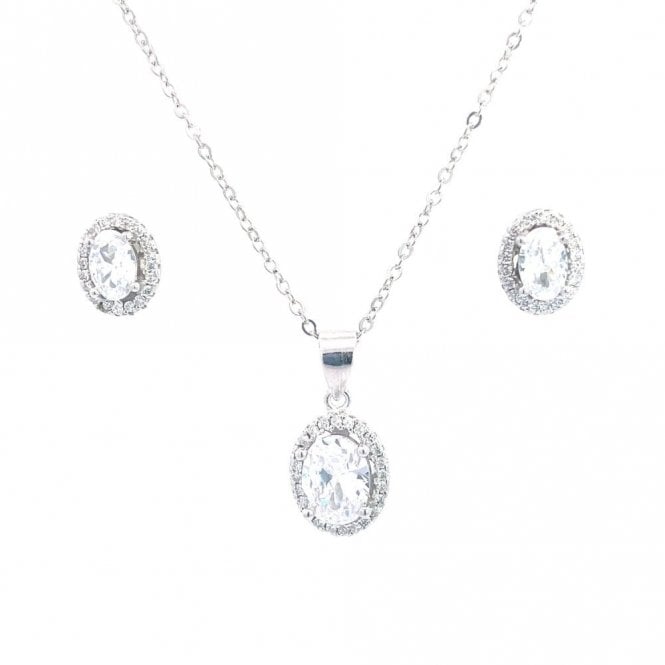 Faith Sterling Silver Sterling Silver CZ Oval Halo Necklace & Earrings Set 9x7mm, 11x9mm, 16-18