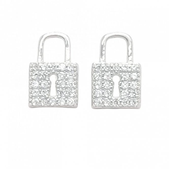 Faith Sterling Silver Sterling Silver CZ Padlock with Open Keyhole Stud Earrings 7x10mm 