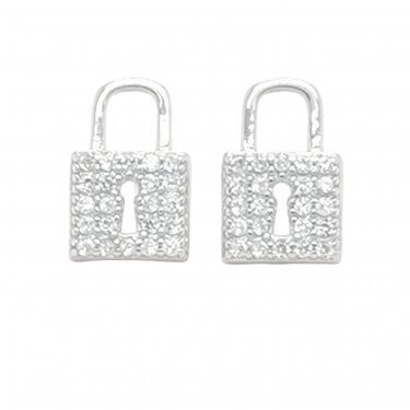 Sterling Silver CZ Padlock with Open Keyhole Stud Earrings 7x10mm 
