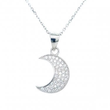 Sterling Silver CZ Pave Crescent Moon Necklace 13x11mm, 16-18"