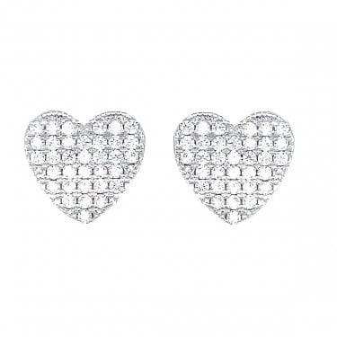 Sterling Silver CZ Pave Curved Heart Stud Earring 10x9mm