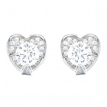 Sterling Silver CZ Pave Heart Rubover Stud Earrings 8x8mm
