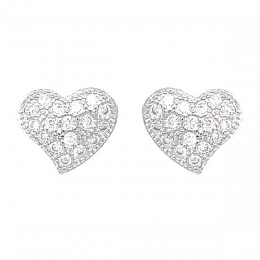 Sterling Silver CZ Pave Heart Stud Earrings 8x7mm