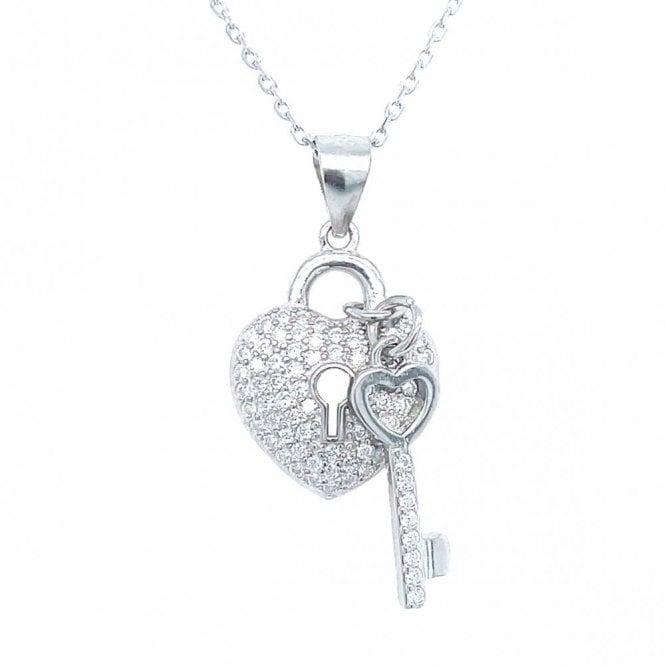 Faith Sterling Silver Sterling Silver CZ Pave Heart with Lock Centre & Part CZ Key Necklace 20x17mm, 16-18