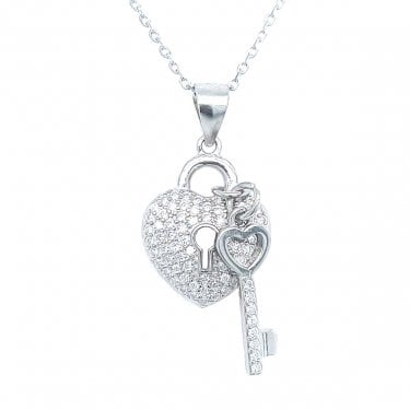 Sterling Silver CZ Pave Heart with Lock Centre & Part CZ Key Necklace 20x17mm, 16-18"