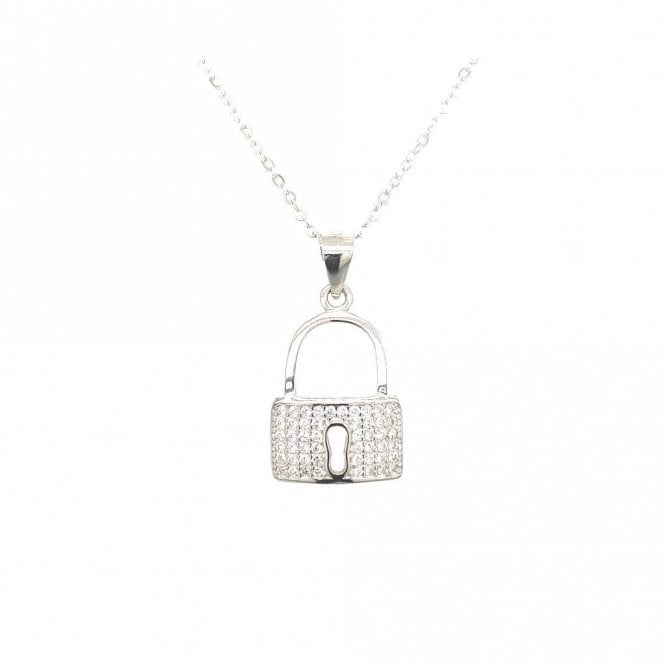 Faith Sterling Silver Sterling Silver CZ Pave Lock with Open Keyhole Necklace 17x12mm, 16-18