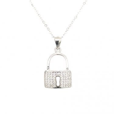 Sterling Silver CZ Pave Lock with Open Keyhole Necklace 17x12mm, 16-18"
