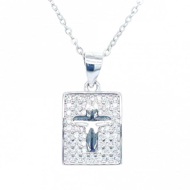 Faith Sterling Silver Sterling Silver CZ Pave Rectangle with Plain Cross Centre Necklace 13x10mm, 16-18