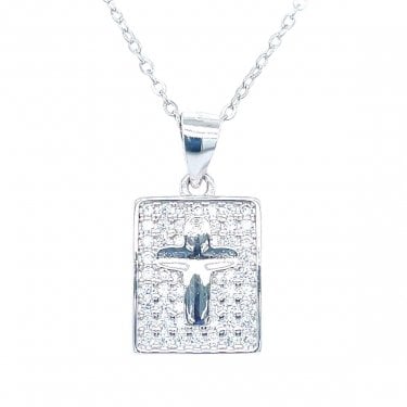Sterling Silver CZ Pave Rectangle with Plain Cross Centre Necklace 13x10mm, 16-18"