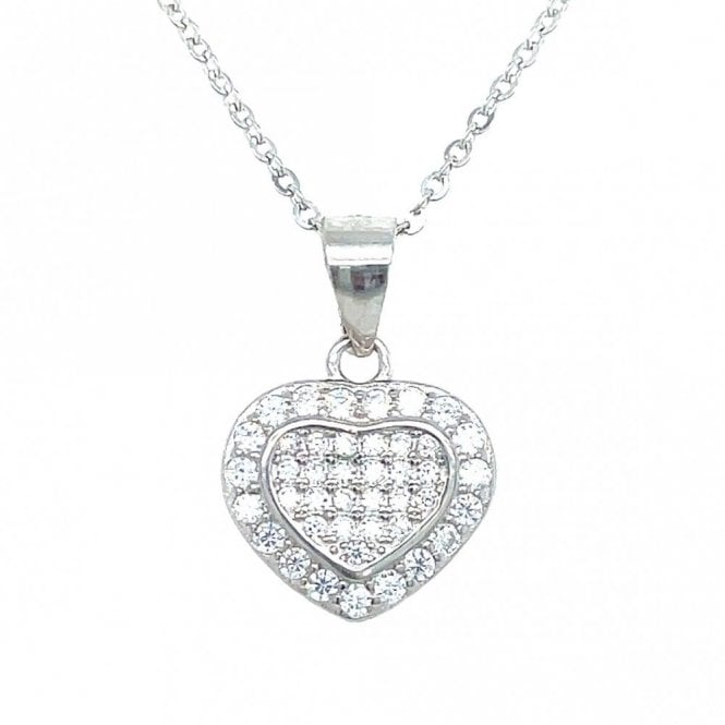 Faith Sterling Silver Sterling Silver CZ Pave Rubover Edge Heart with Claw Set CZ Surround Necklace 11x12mm, 16-18