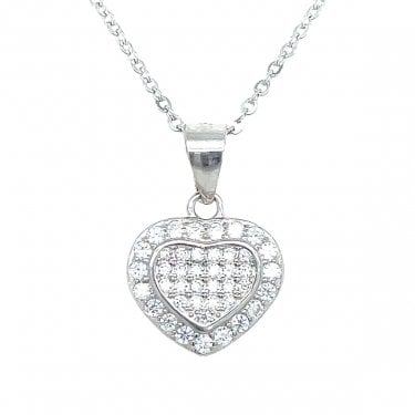 Sterling Silver CZ Pave Rubover Edge Heart with Claw Set CZ Surround Necklace 11x12mm, 16-18"
