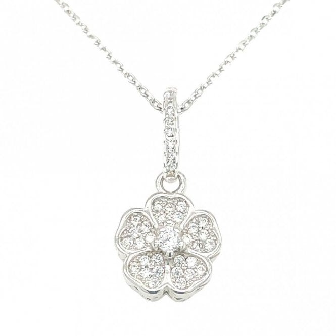 Faith Sterling Silver Sterling Silver CZ Pave Rubover Flower Necklace 20x9mm, 16-18