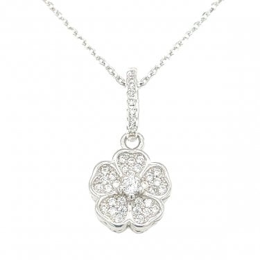 Sterling Silver CZ Pave Rubover Flower Necklace 20x9mm, 16-18"