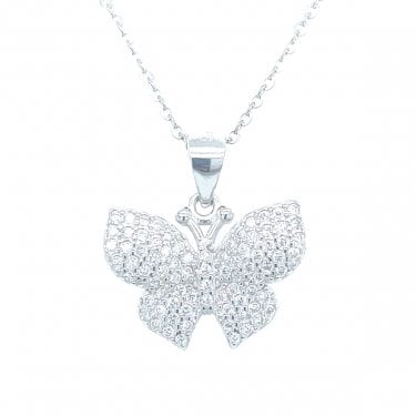 Sterling Silver CZ Pave Set Butterfly Necklace 13x17mm, 16-18"